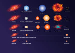 A diagram showing the evolutionary stages of five mass ranges of stars.