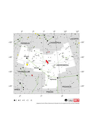 The bright stars in Andromeda form a Y-shape. Pegasus to the lower right. In the center is M31, marked with a red ellipse.