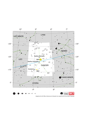 Cancer appears as an inverted “Y” on the sky, with its vertex almost exactly on the ecliptic which runs ESE to WNW