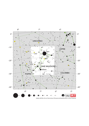 Cane Maggiore ha la forma di una figura di cane inclinata di 45 gradi verso l'alto. Sirio si trova sulla spalla del cane.