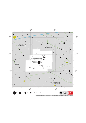 Il Cane Minore appare come una linea retta che si estende a nord-ovest da Procione, che si trova al centro della costellazione.