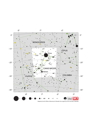 Canis Major is shaped like a stick figure drawing of a dog tilted up by 45 degrees. Sirius lies at the dog’s shoulder