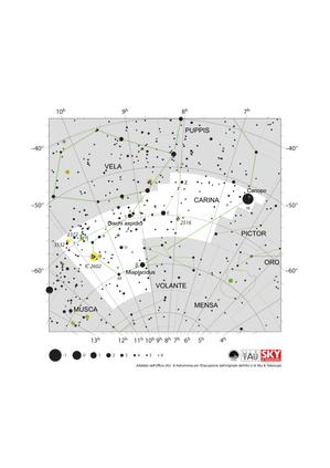 Carina appare come lo scafo di un disegno lineare di una nave rivolta verso sinistra (est). Canopo si trova sul bordo destro (ovest).