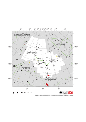 Cassiopeia appears as a double-u shape tilted up at the left end by about 45 degrees