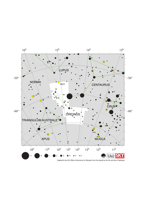 Circinus appears as a thin isosceles triangle pointing to the south-west (lower right)