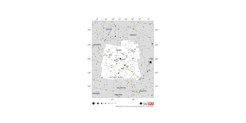 Il Cigno sembra un cigno in volo con il collo rivolto in basso a destra (sud-ovest). Deneb è la coda