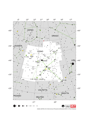 Il Cigno sembra un cigno in volo con il collo rivolto in basso a destra (sud-ovest). Deneb è la coda