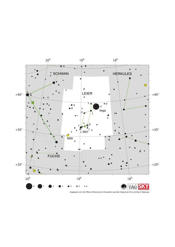 Leier ähnelt einem Nord-Süd-Parallelogramm mit einem Dreieck, das seine nordwestliche Ecke verbindet. Vega ist eine Ecke dieses Dreiecks