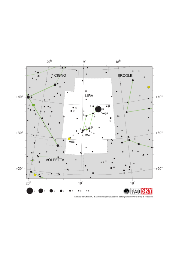 La Lira assomiglia a un parallelogramma nord-sud con un triangolo che unisce l'angolo nord-ovest. Vega è un angolo di questo triangolo