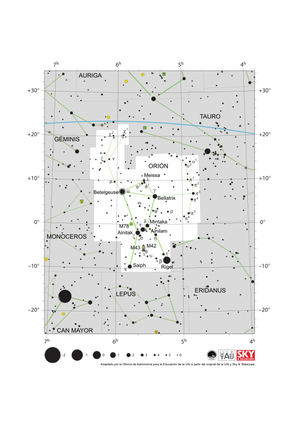 Orión aparece como un reloj de arena con dos líneas de estrellas que se extienden hacia el noreste y el noroeste.