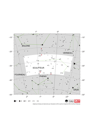 Les étoiles du Sculpteur forment un crochet dont la courbe est orientée vers l'ouest.