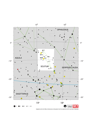 The stars in Scutum form an elongated diamond with the longer axis pointing north east