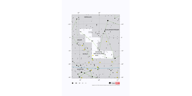 Die Sterne im Schwanz der Schlange bilden eine Linie von Nordosten nach Südwesten