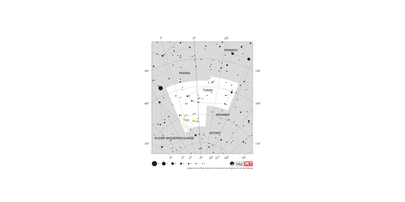 Die Sterne im Tukan bilden eine ovale Form. Die Kleine Magellansche Wolke liegt im Südosten des Sternbildes