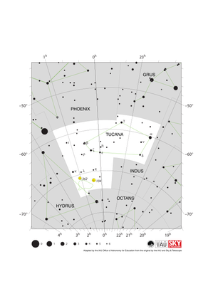 The stars in Tucana form an oval shape. The Small Magellanic Cloud lies in the constellation’s south east