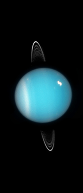 Uranus appears as a light blue disk with and a pale polar region. Thin white rings surround the planet