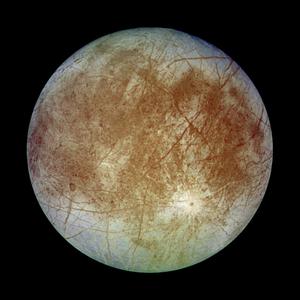 Europa is round with large patches of brown to white colours, covered by numerous crevices, randomly oriented on the surface