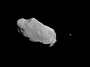 The asteroid Ida is grey and shaped like a potato with lots of shallow craters. It's moon Dactyl is 40 times smaller