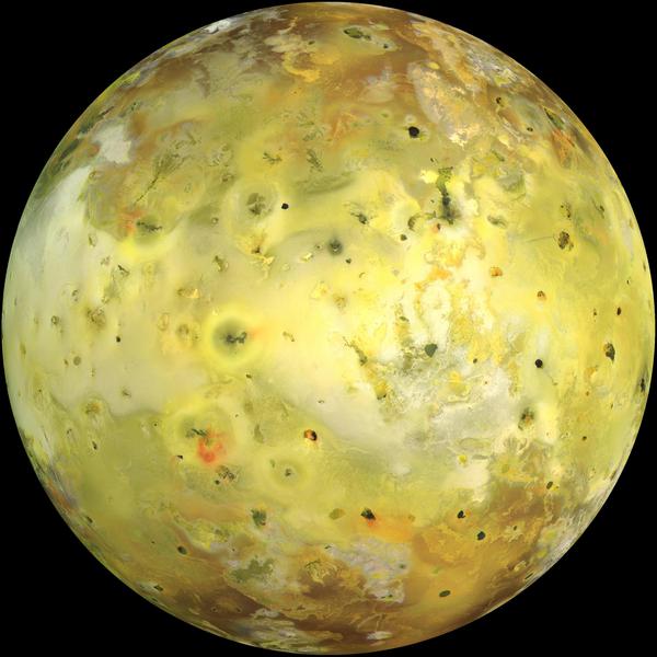 Io is roughly spherical. Its surface mostly consists of yellowish sulphuric compounds and rather small darker volcanos.