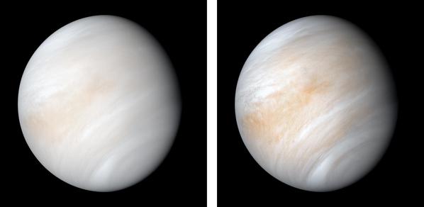 The planet Venus showing white clouds enshrouding the planet