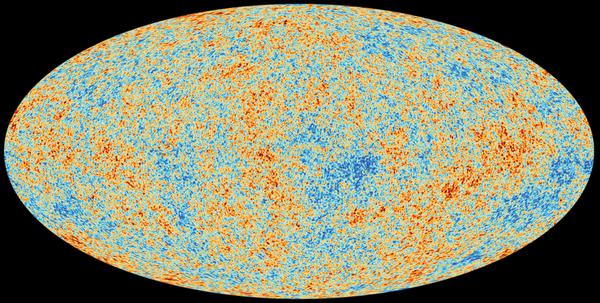 This Cosmic Microwave Background Radiation map is an oval with many patches of different colors as well as finer granulation