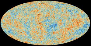 This Cosmic Microwave Background Radiation map is an oval with many patches of different colors as well as finer granulation