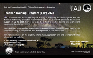 An arching Milky Way in the background with foreground text describing the Teacher Training Program 2023