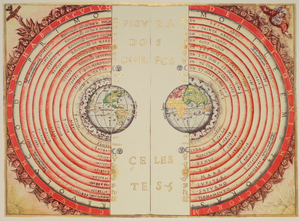 Views of Earth's Western & Eastern hemispheres. Each surrounded by 8 concentric semicircles for Moon, planets, Sun & stars.