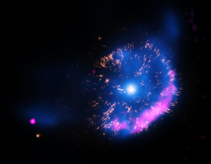 A point-like source surrounded by a blue glow, yellow radial streaks and a pink shell.