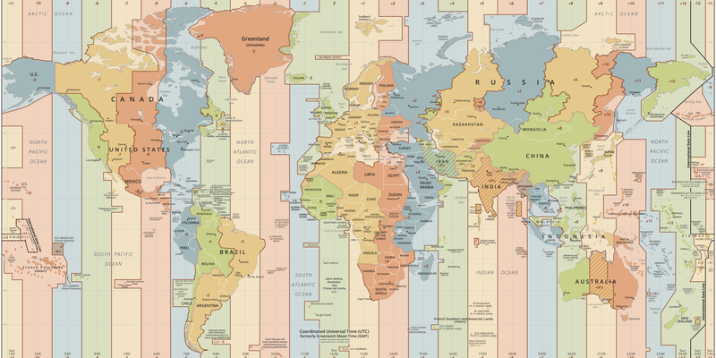 Map of the world with different time zones marked by color. The basic pattern is timezones as 15-degree swathes of longitude.