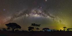 The Milky Way arches over an African grassland. Its diffuse glow is interrupted by a stream of dark patches.