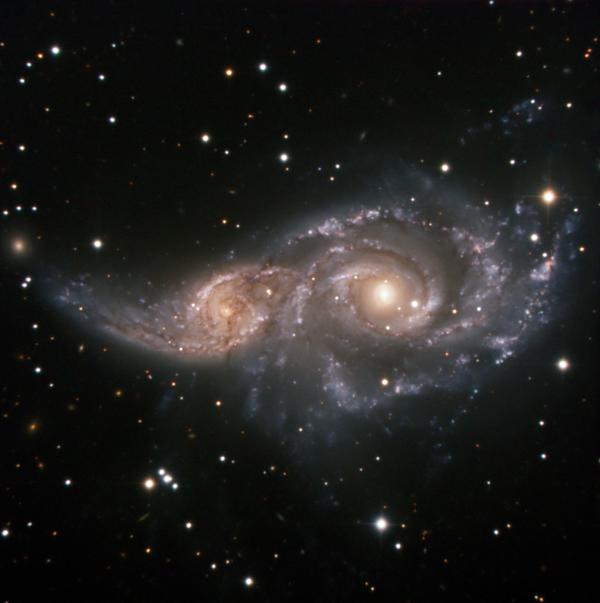 Two spiral galaxies embracing in their early stages of merger with distortions on the smaller galaxy visible