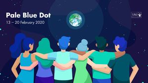 Text: Pale blue Dot 13-20 February 2020; Image: A diverse group of people link arms as they look down at the Earth from space