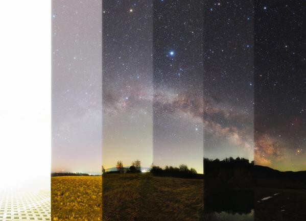 A composite of six images as vertical stripes. The starry sky on the right-most image is gradually drowned out moving left