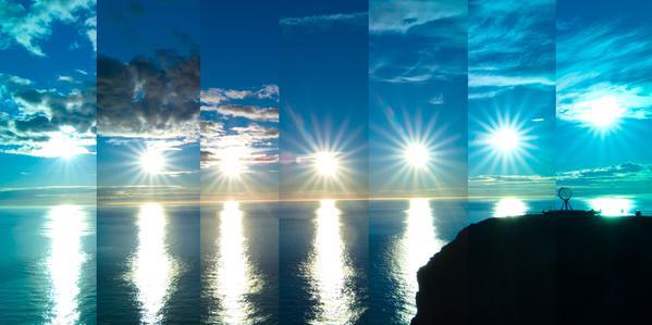 Seven images of the Sun. From the left it sinks, reaching its lowest in the centre image, before rising higher to the right.