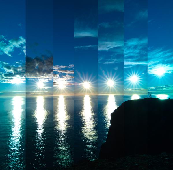 Sette immagini del Sole. Da sinistra si abbassa, raggiungendo il minimo nell'immagine centrale, prima di risalire a destra.