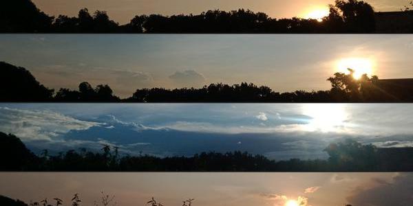 12 images of sunset. Sunset moves from the left at the top, to the right in the middle, and back to the left at the bottom